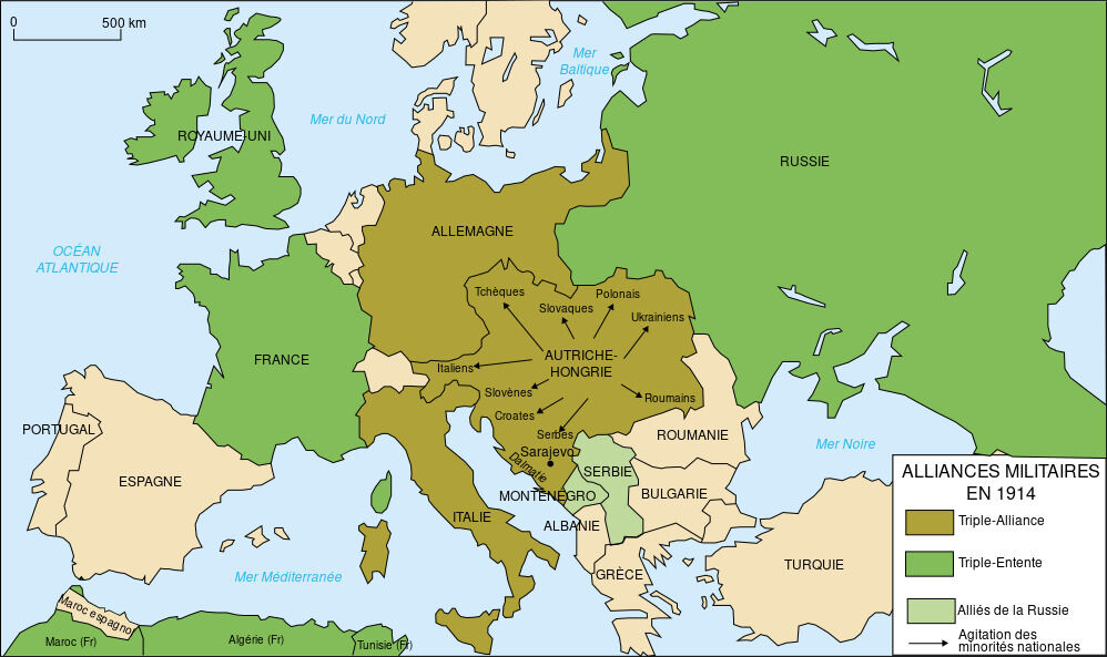 La Triple-Alliance et la Triple-Entente sont les deux blocs opposés lors de la Première Guerre mondiale.