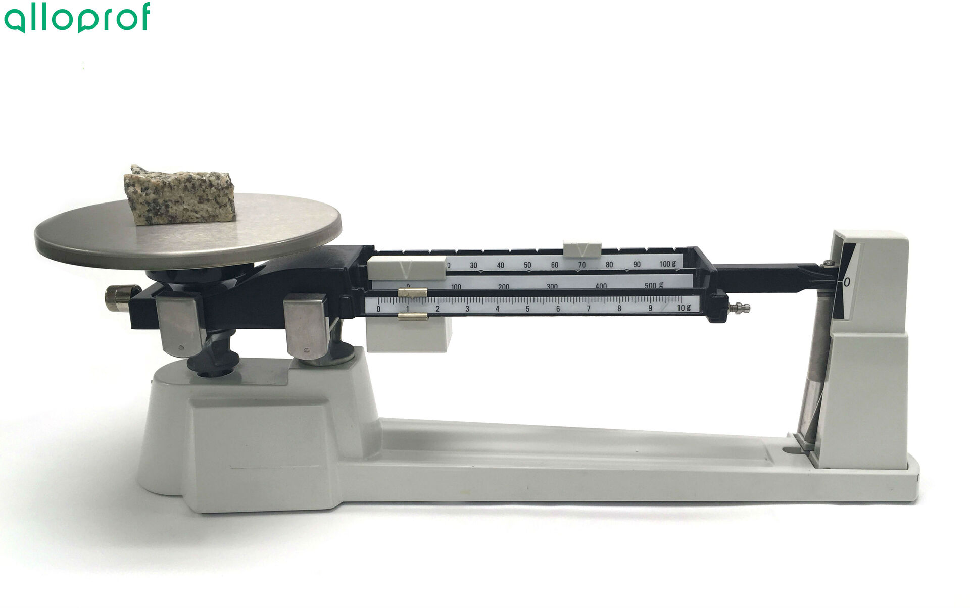The pointer of the triple beam balance is aligned with zero. 