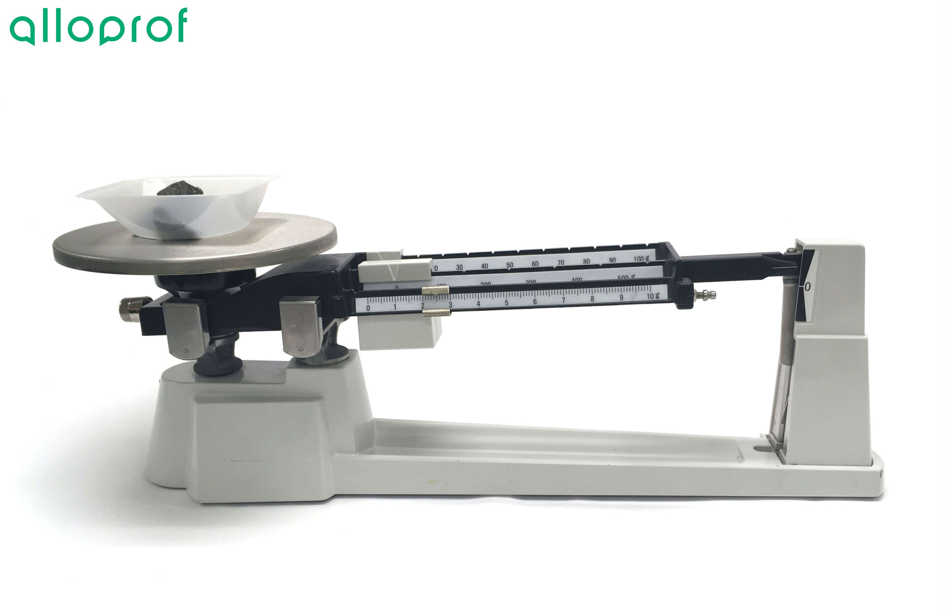 The solid to be weighed in the weighing dish on the pan of a triple beam balance.