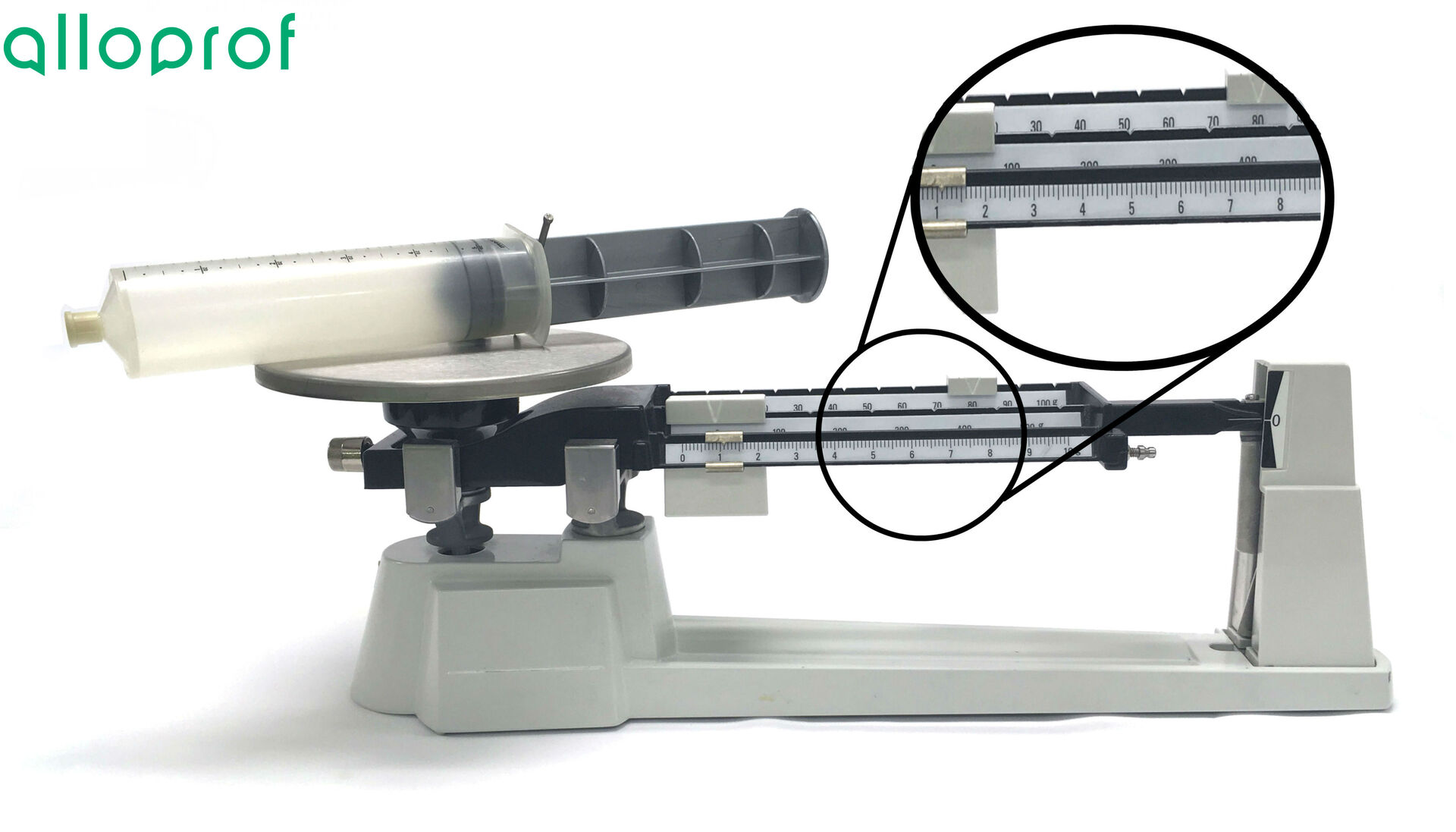 The mass of a gas-filled syringe is measured with a triple beam balance.