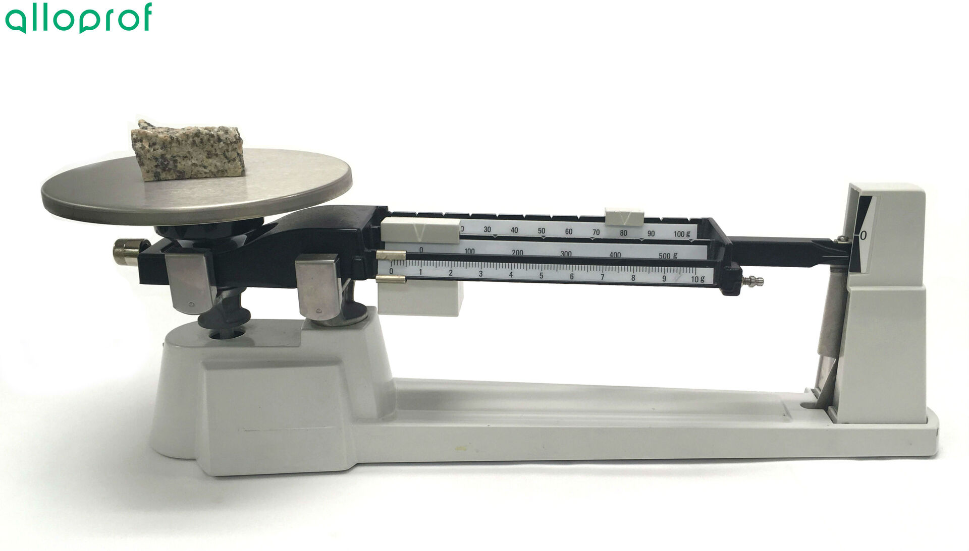 The pointer of the triple beam balance is below zero. 