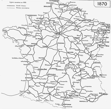 ​Carte du réseau des chemins de fer en 1870 en France