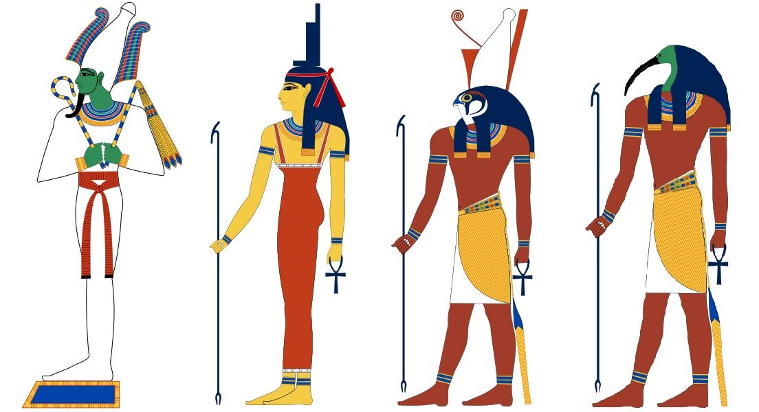 De gauche à droite : Osiris, Isis, Horus et Thot