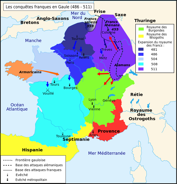 Territories conquered by Clovis between 486 and 511