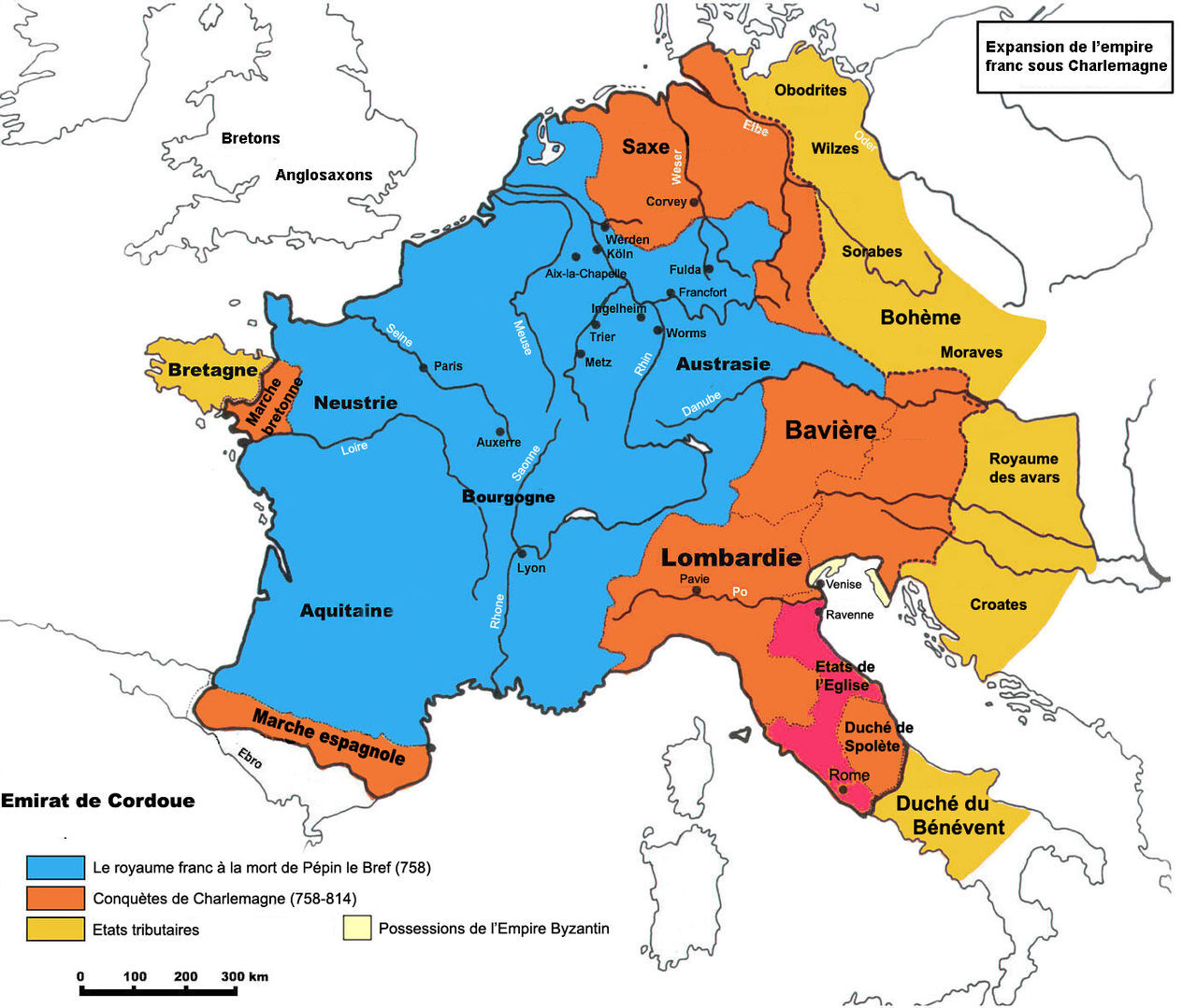 In blue and orange, the Carolingian Empire in 814 on the death of Charlemagne
