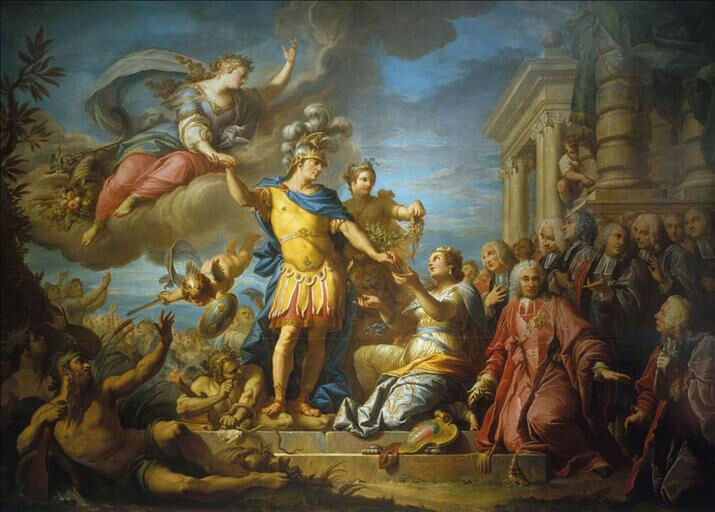 Cette toile de Jacques Dumont représente l'empereur Marc Aurèle distribuant du pain et des médicaments. C'est une représentation de la paix romaine (PAX ROMANA).