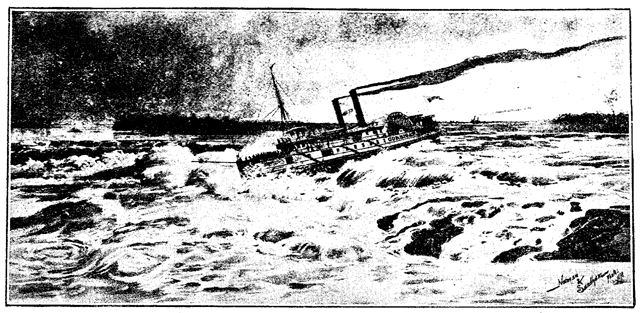 A boat attempting to cross the Lachine Rapids.