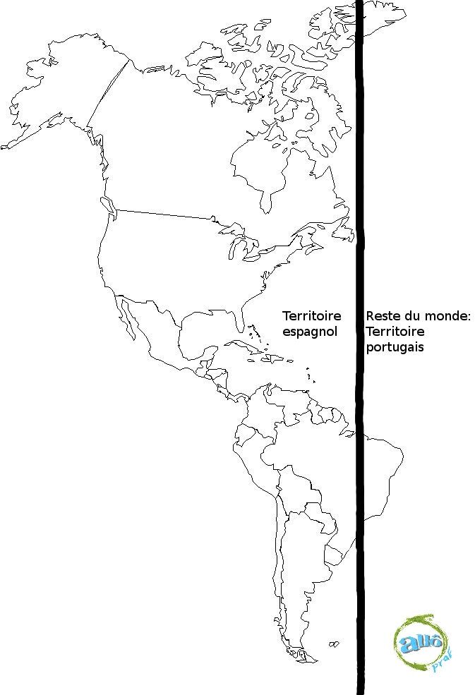 La ligne de partage du monde selon le traité de Tordesillas