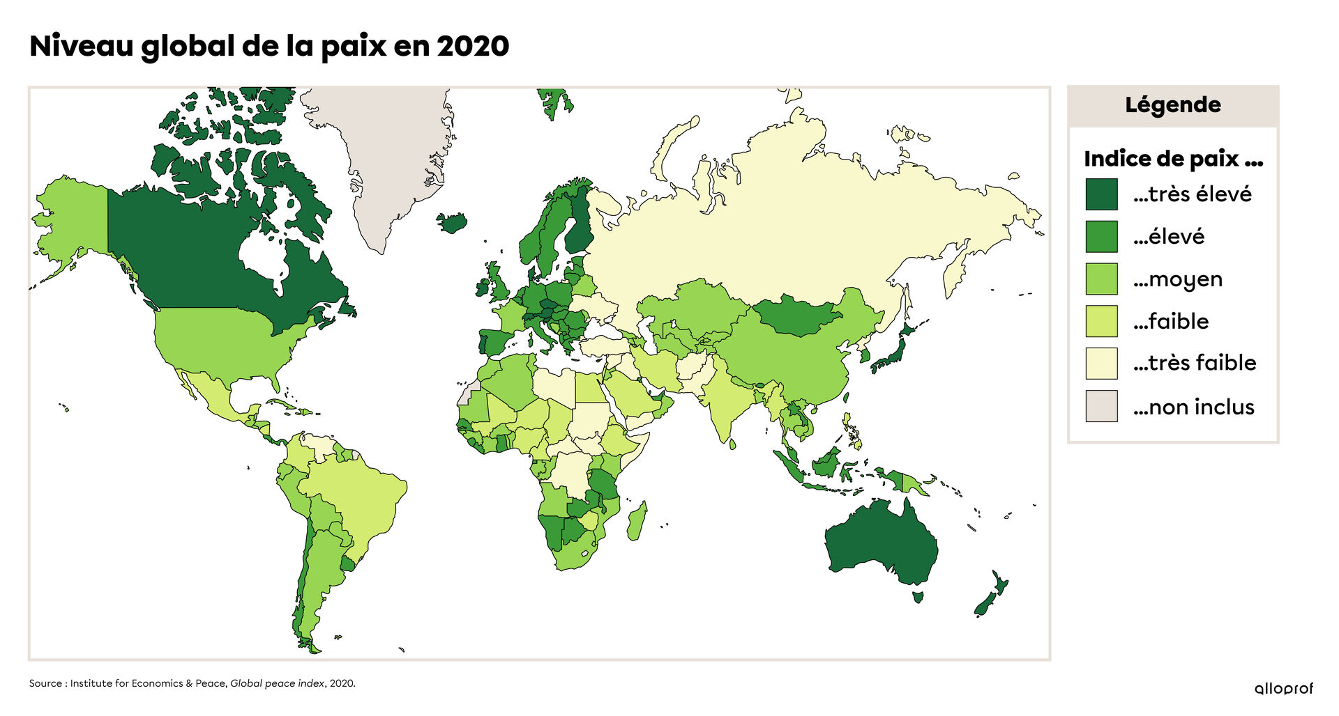 Carte illustrant l'indice de paix globale par pays en 2020, selon le nombre de l'intensité des tensions et conflits.