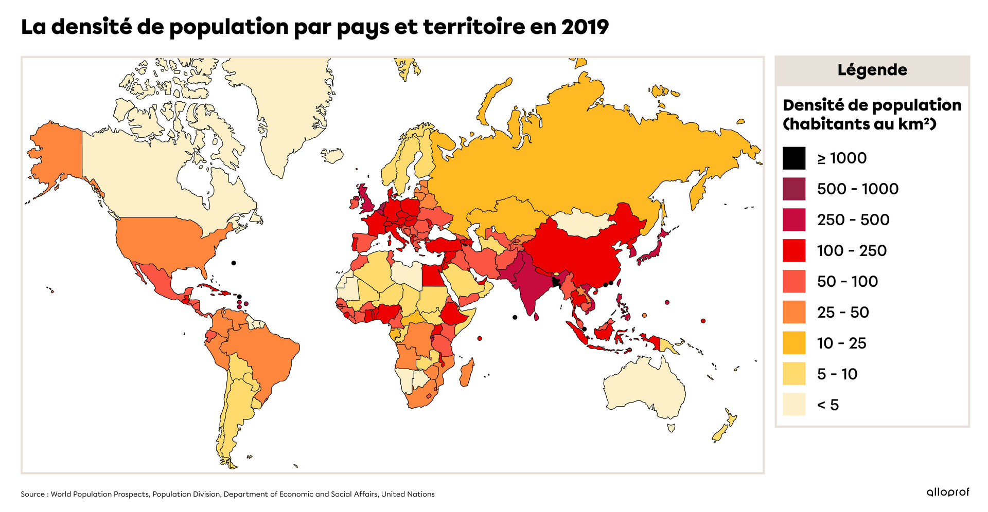 La densité de population par pays et territoire en 2019