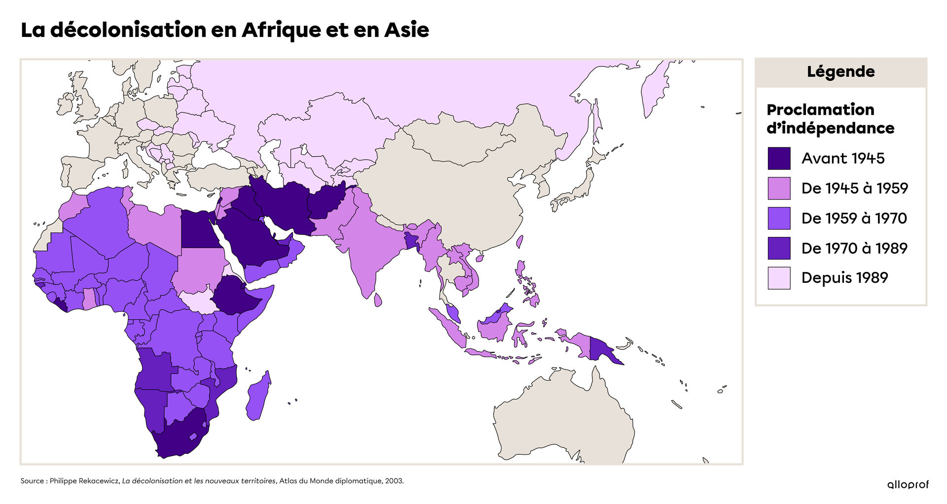 Carte de la décolonisation en Afrique et en Asie
