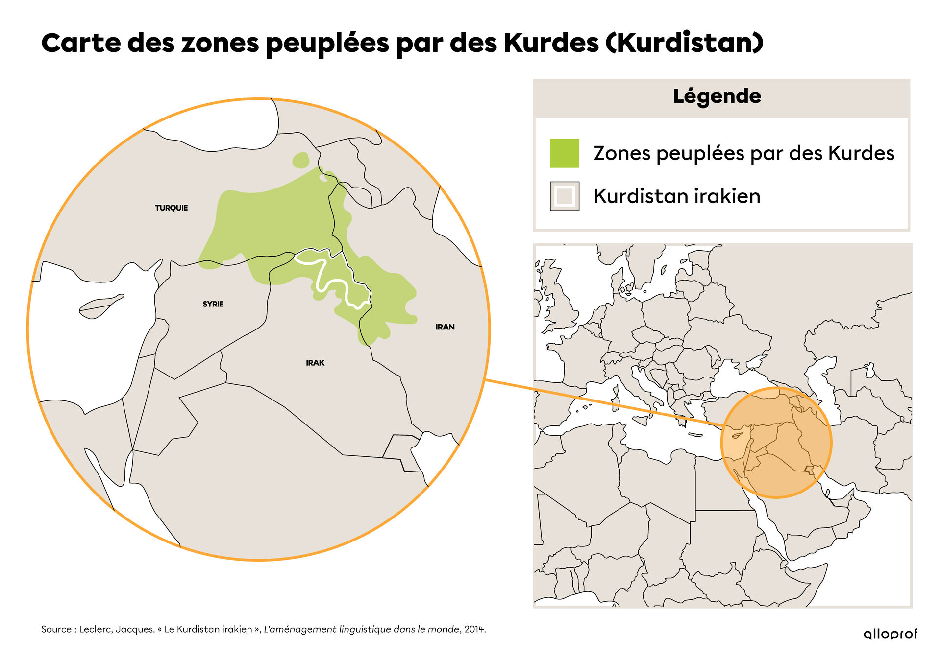Carte des zones peuplées par des Kurdes 
