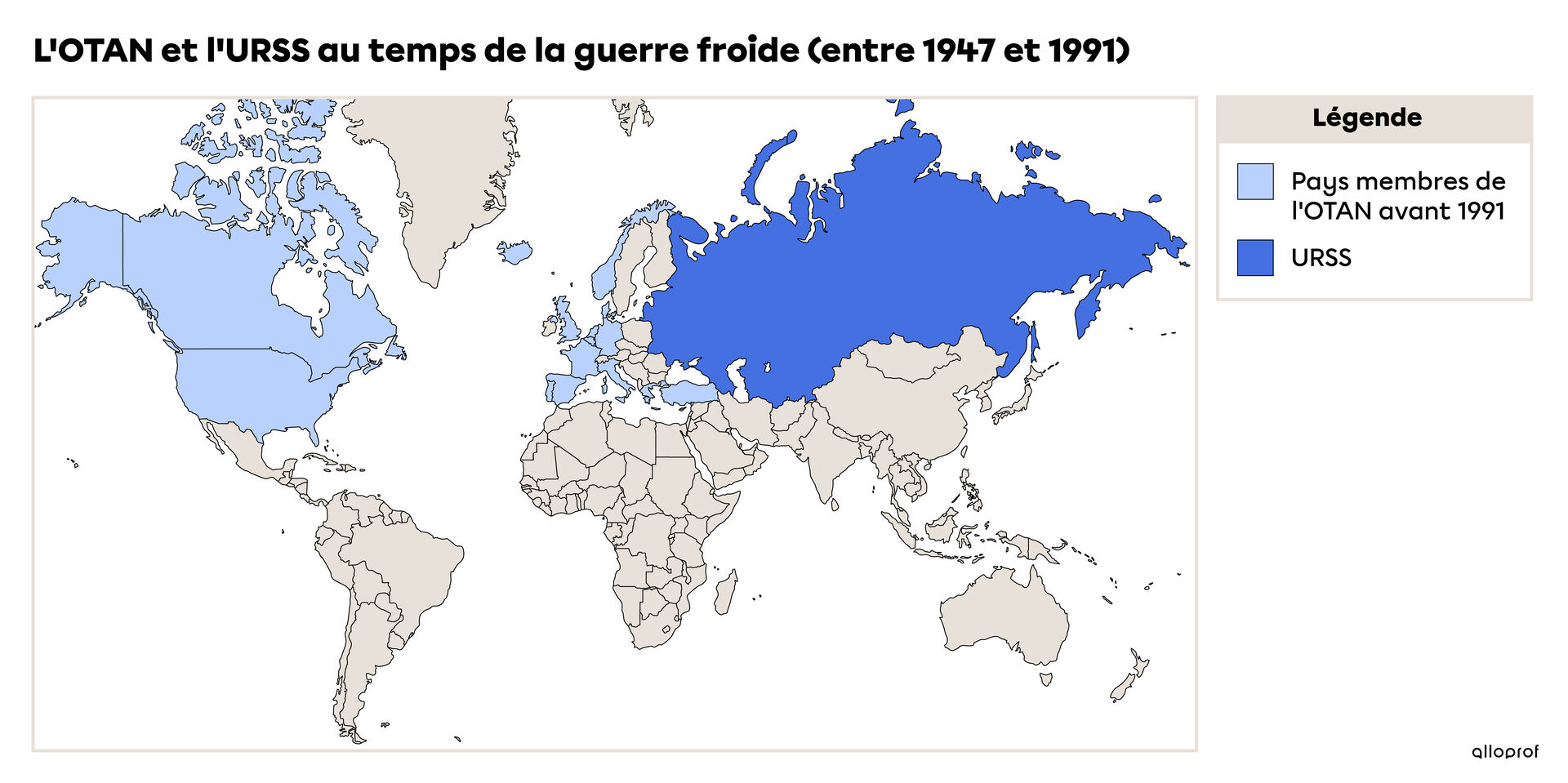 Carte des pays membres de l'OTAN et l'URSS pendant la guerre froide.