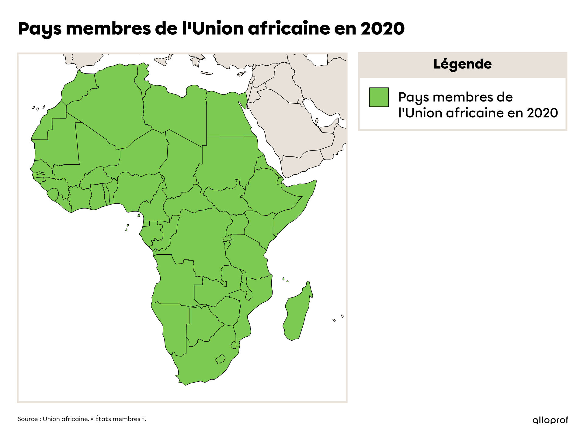 Carte identifiant les pays membres de l'Union africaine en date de l'année 2020