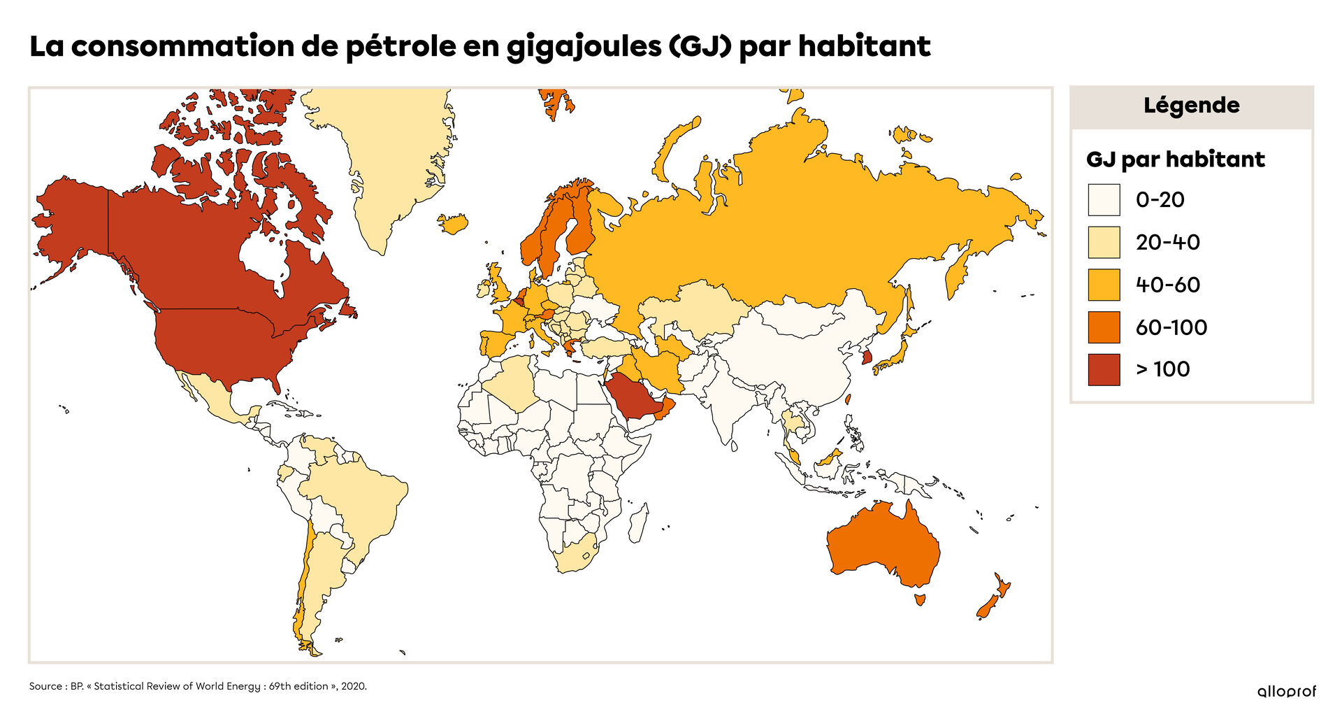 Carte présentant la consommation de pétrole par habitant en 2019 en gigajoules (GJ) par habitant.