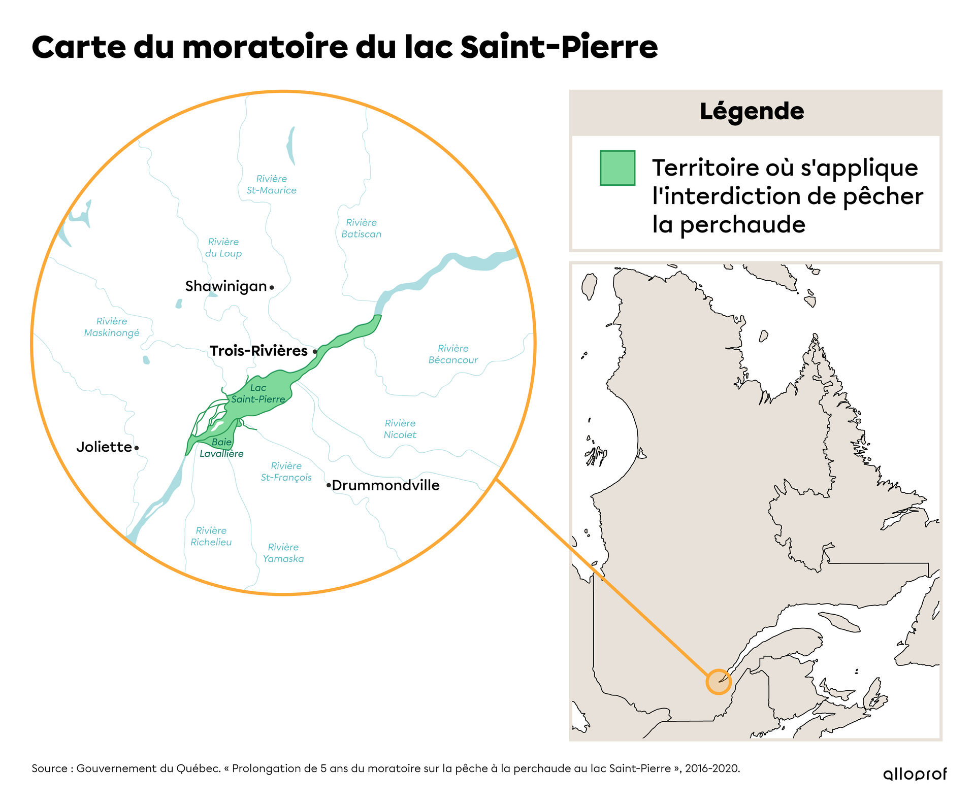 Carte délimitant la zone mise en place par le moratoire sur la pêche du Lac Saint-Pierre