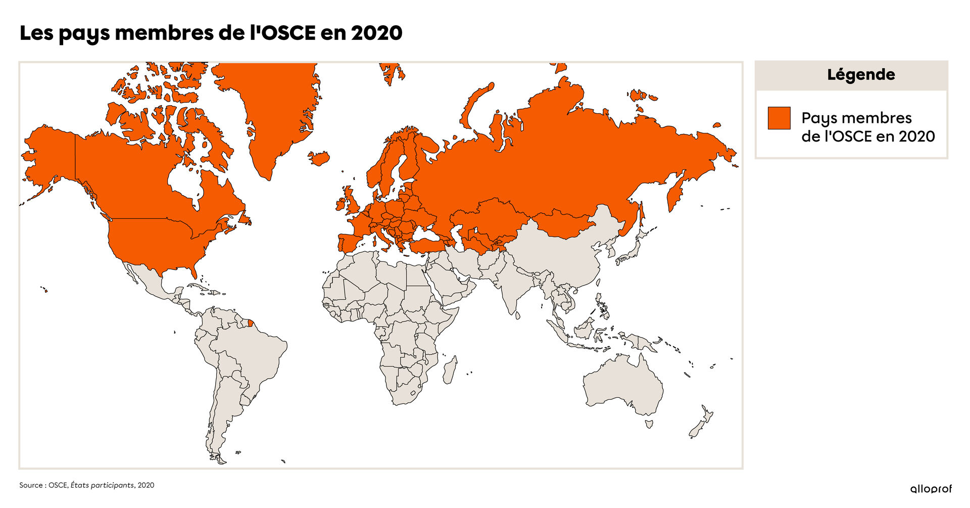Carte des pays membres de l'organisation internationale de l'OSCE en 2020