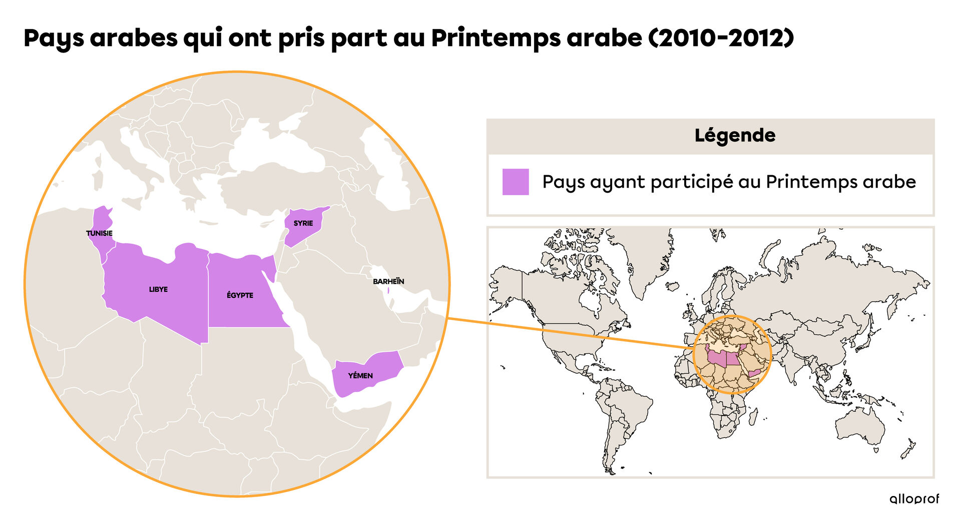 Carte de pays arabes qui ont pris part au Printemps arabe