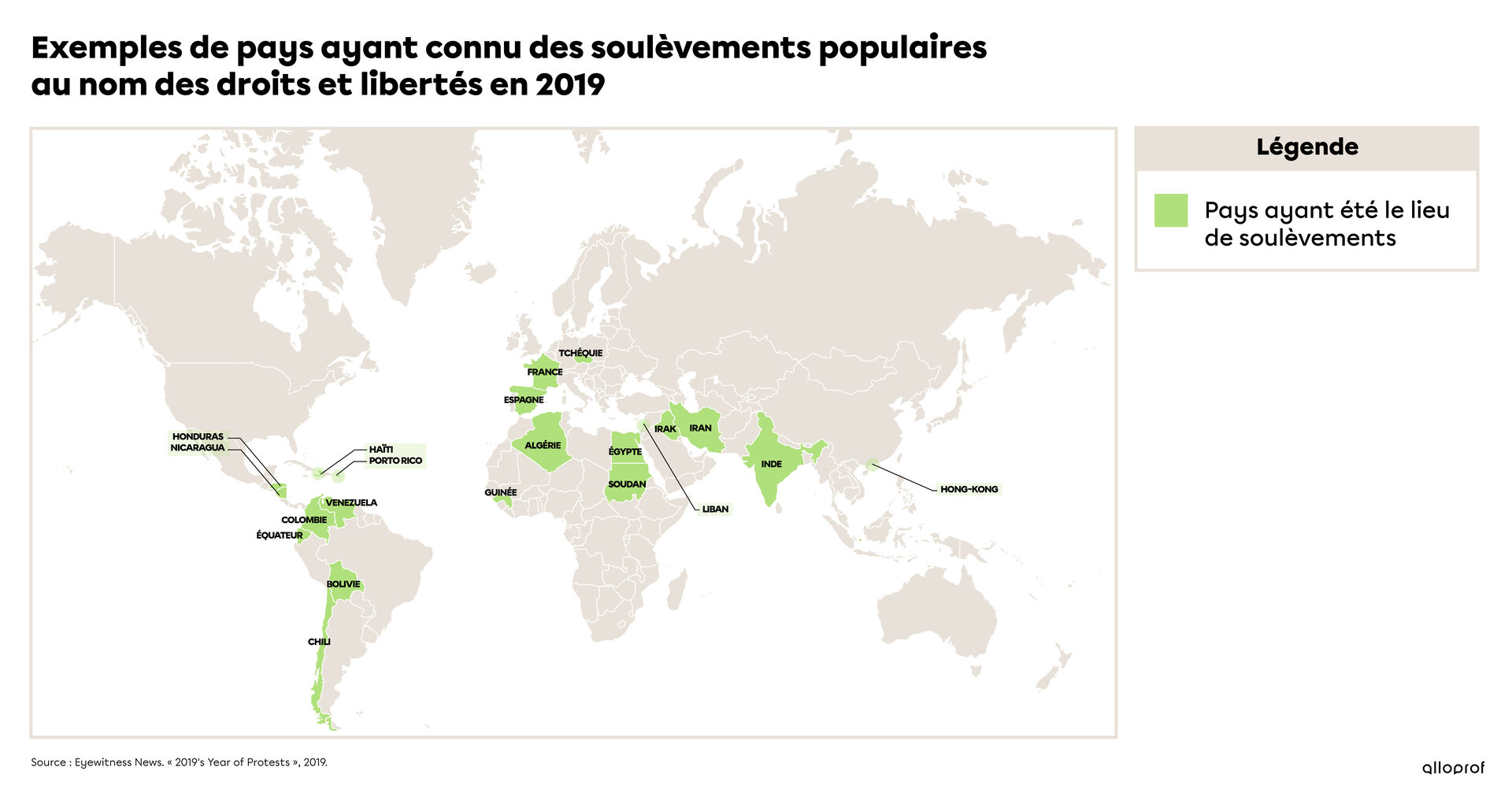 Carte répertoriant des soulèvements et des manifestations pour les droits et libertés dans plusieurs pays du monde en 2019