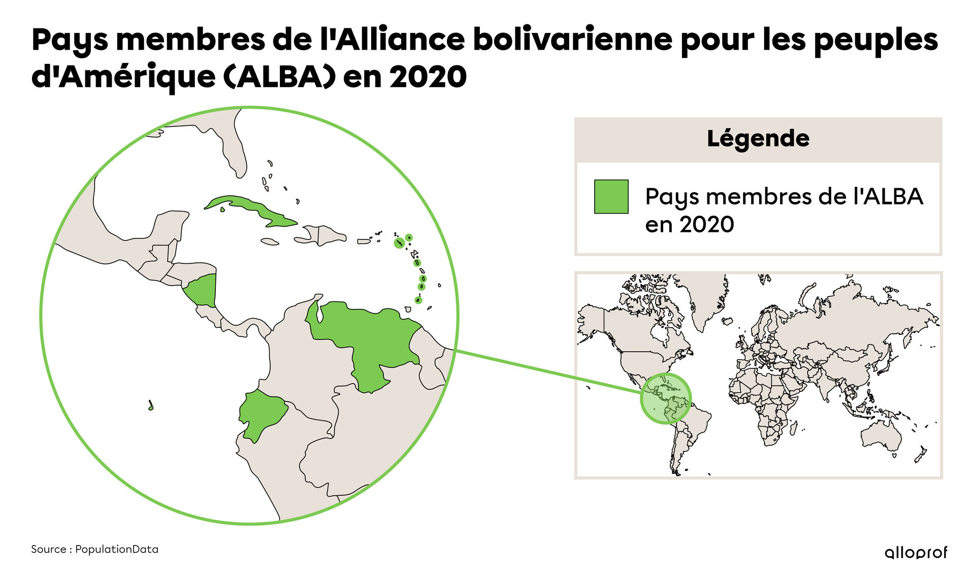 Pays membres de l’Alliance bolivarienne pour les peuples d’Amérique (ALBA) en 2020. 