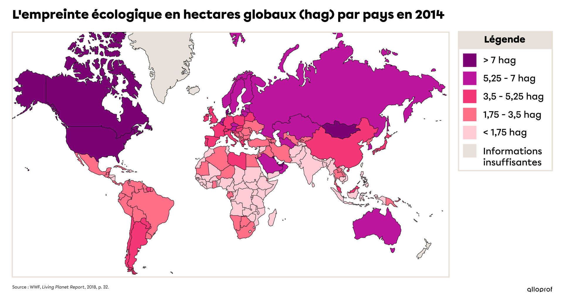 Carte représentant l'empreinte écologique (en hectares globaux) des pays du monde en 2014 selon les données de WWF.