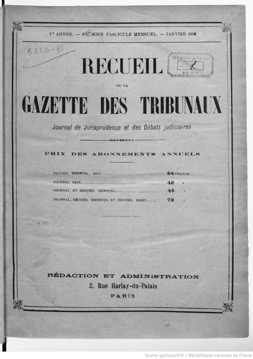 Recueil de « La Gazette des tribunaux » datant de janvier 1898