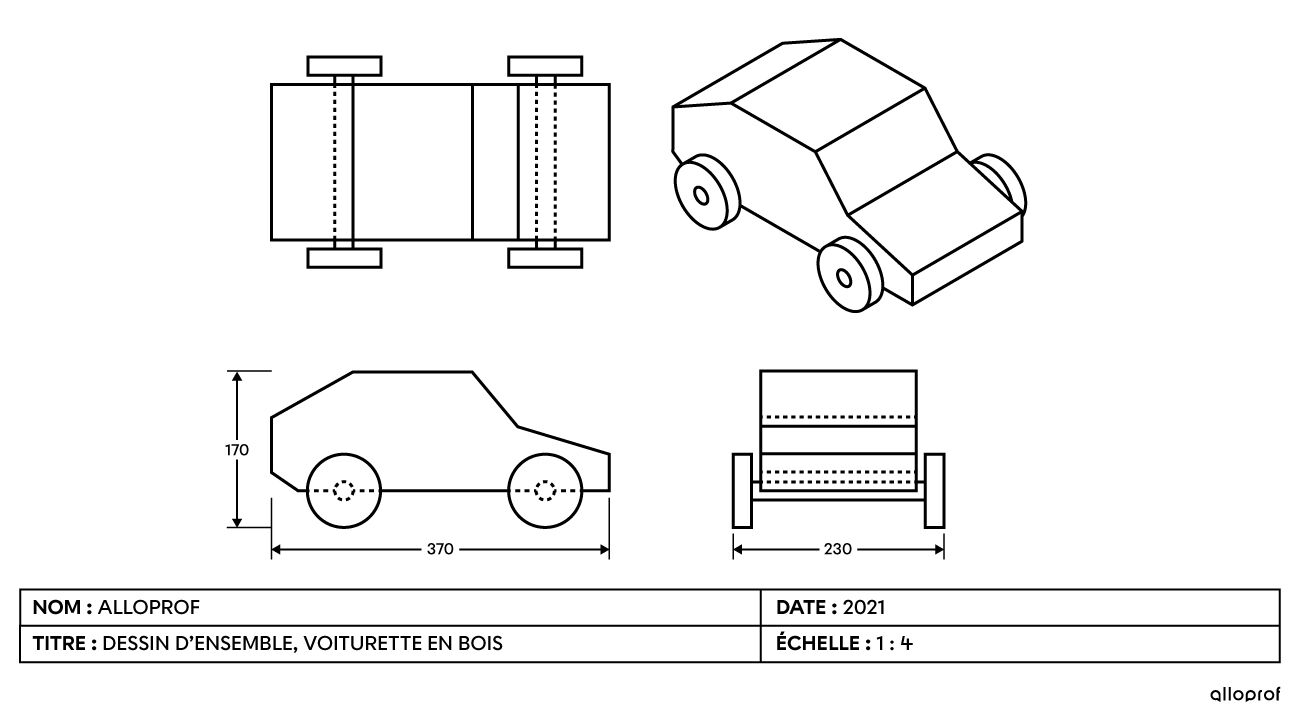 Le dessin d’ensemble d’une voiturette en bois à l’aide des projections isométrique et à vues multiples.