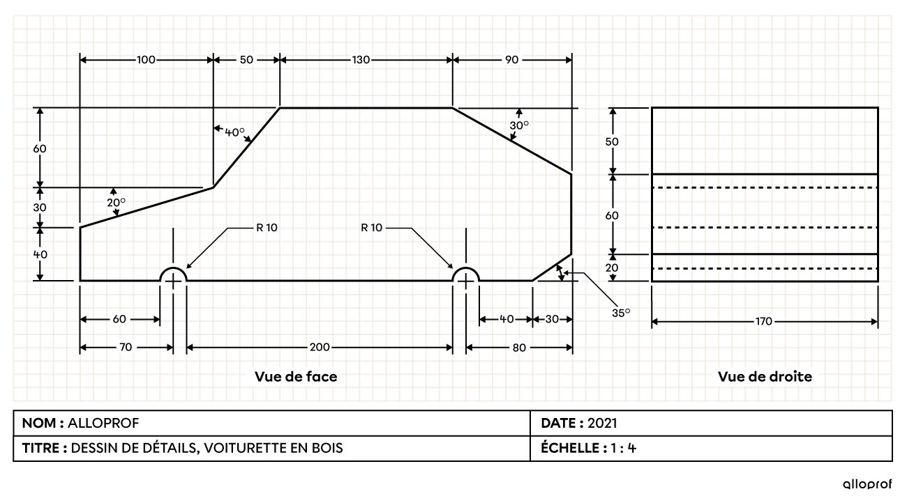 Le dessin de détail du châssis d’une voiturette en bois montrant toutes les mesures nécessaires à sa fabrication