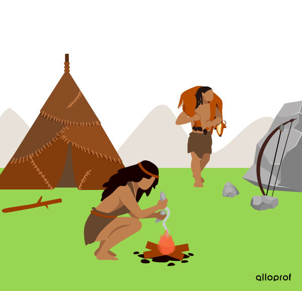 Un campement d’une population nomade avec une tente, une personne près du feu et une autre qui revient avec du gibier