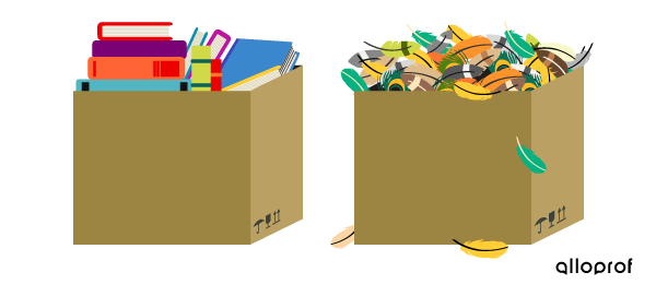 Deux boites de même format, l’une contient des livres, l’autre contient des plumes.