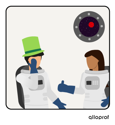 Astronaut complimenting another astronaut on his top hat.