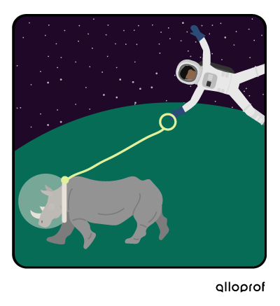 Astronaut walking his pet rhinoceros.