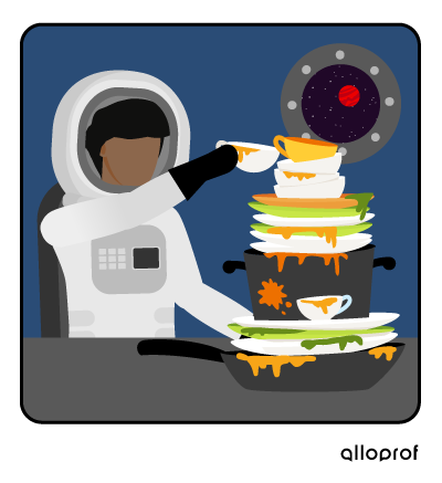 Astronaut piling up dirty dishes.