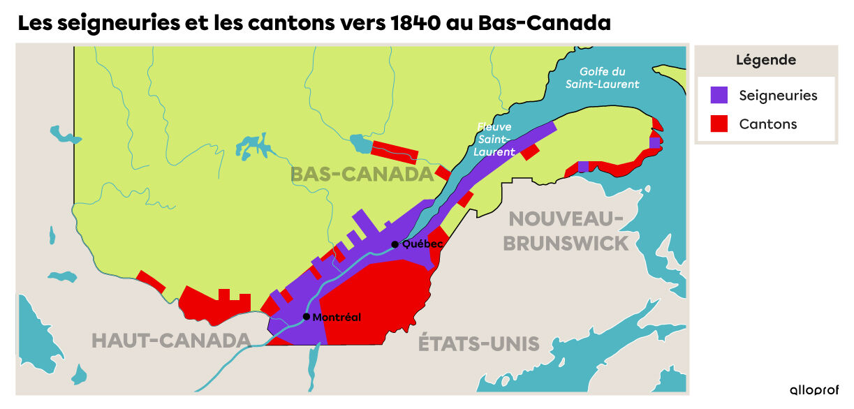 Les seigneuries et les cantons autour de la vallée du Saint-Laurent vers 1840