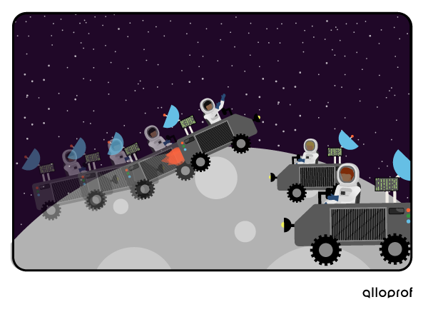 Astronauts driving rovers carefully.