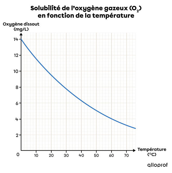 Graphique de la solubilité de l’oxygène gazeux (O2) en fonction de la température