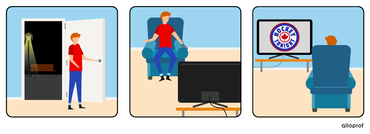 A person arrived home, sat down on a couch and turned on the TV to watch Hockey Night in Canada last night.
