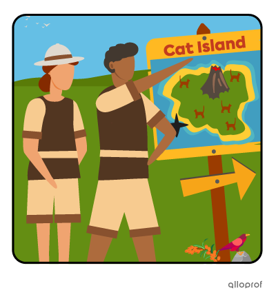 Florence the explorer’s friend pointing to the Cat Island sign and asking her if she visited it.