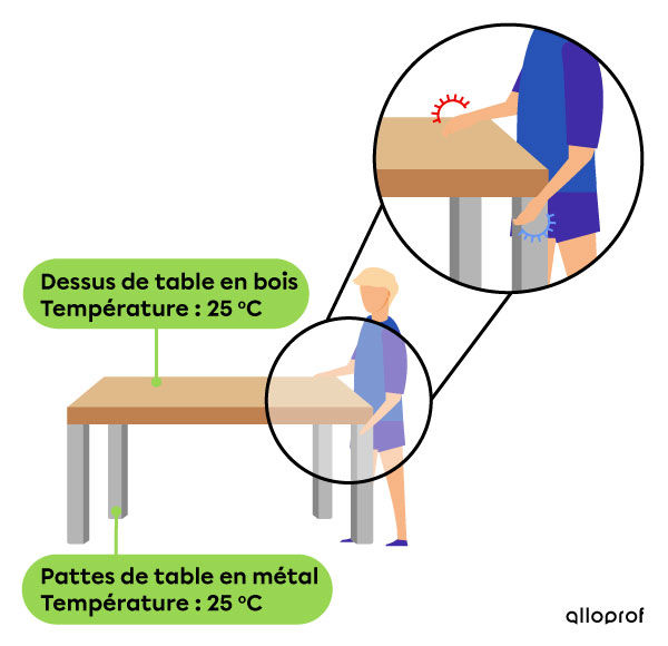 Le dessus de table en bois et les pattes de table en métal sont à 25 ℃. Pourtant, lorsqu’on les touche, on ressent des sensations différentes.
