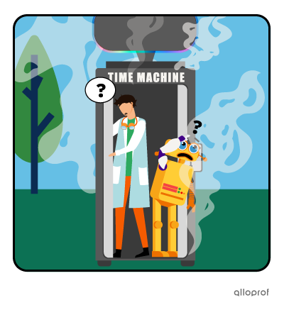 Hubert the inventor and his robot assistant step out of the smoking time machine.