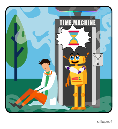 Hubert the inventor is waiting for the time machine to cool down, His robot assistant tells him it should be cool soon.