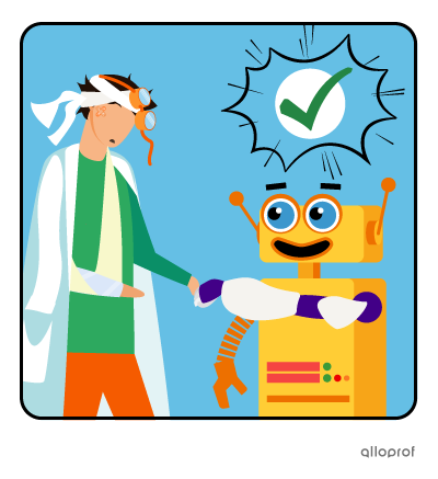 Hubert the inventor, covered in bandages, tells his robot assistant he was right.