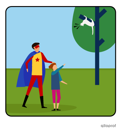 A cat is stuck in a tree and a superhero asks a girl if he can help.