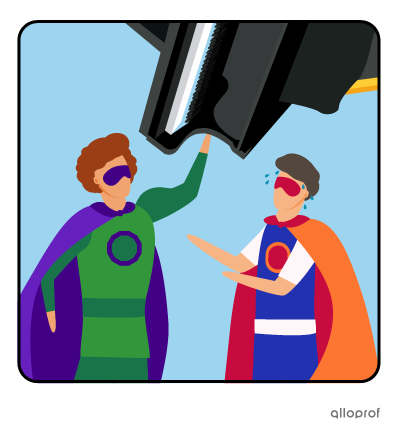 A superhero asks another if he can hold a piano.