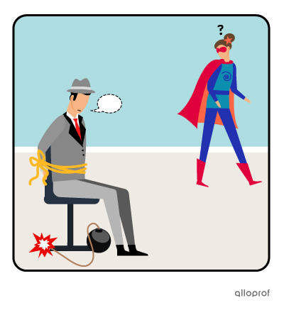 A man is attached to a chair and asks a superhero to save him.