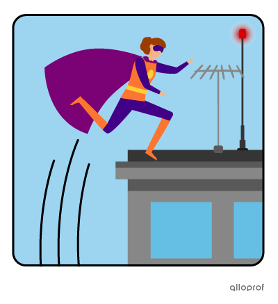 A superhero jumps over a building.