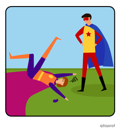 A superhero crashed on the ground and another tells him to practice his landing.