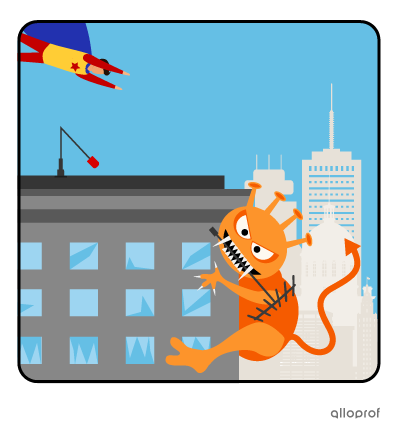 A monster is destroying a building and a superhero is ready to defend his city.
