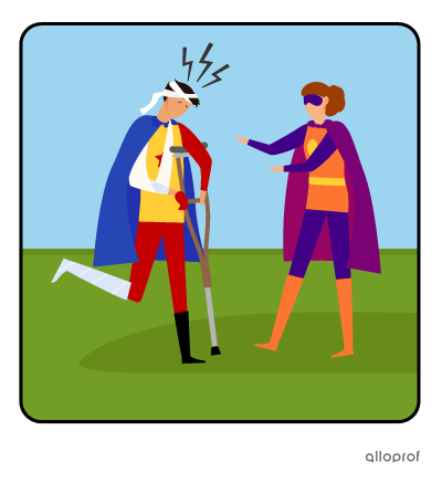 A superhero is badly hurt and another advises him to be more careful.