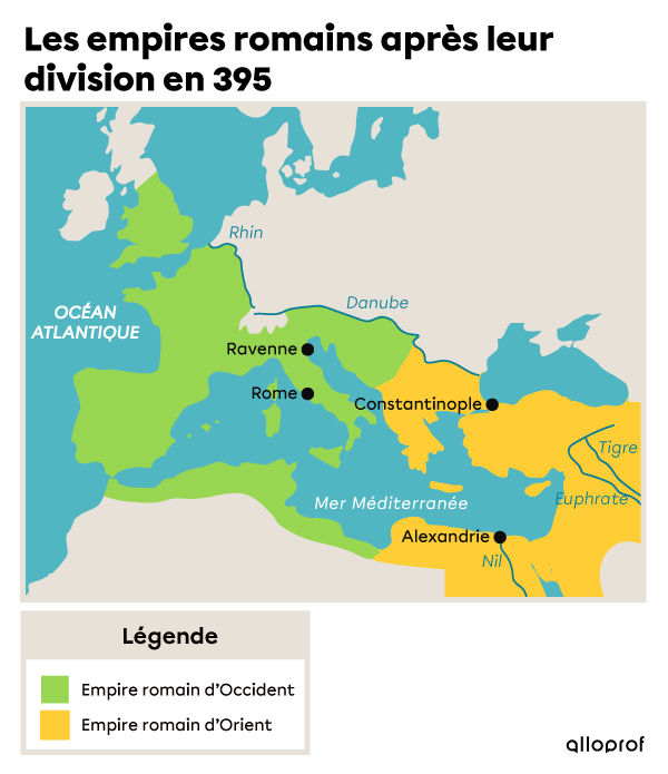 Carte des empires romains après la division de 395
